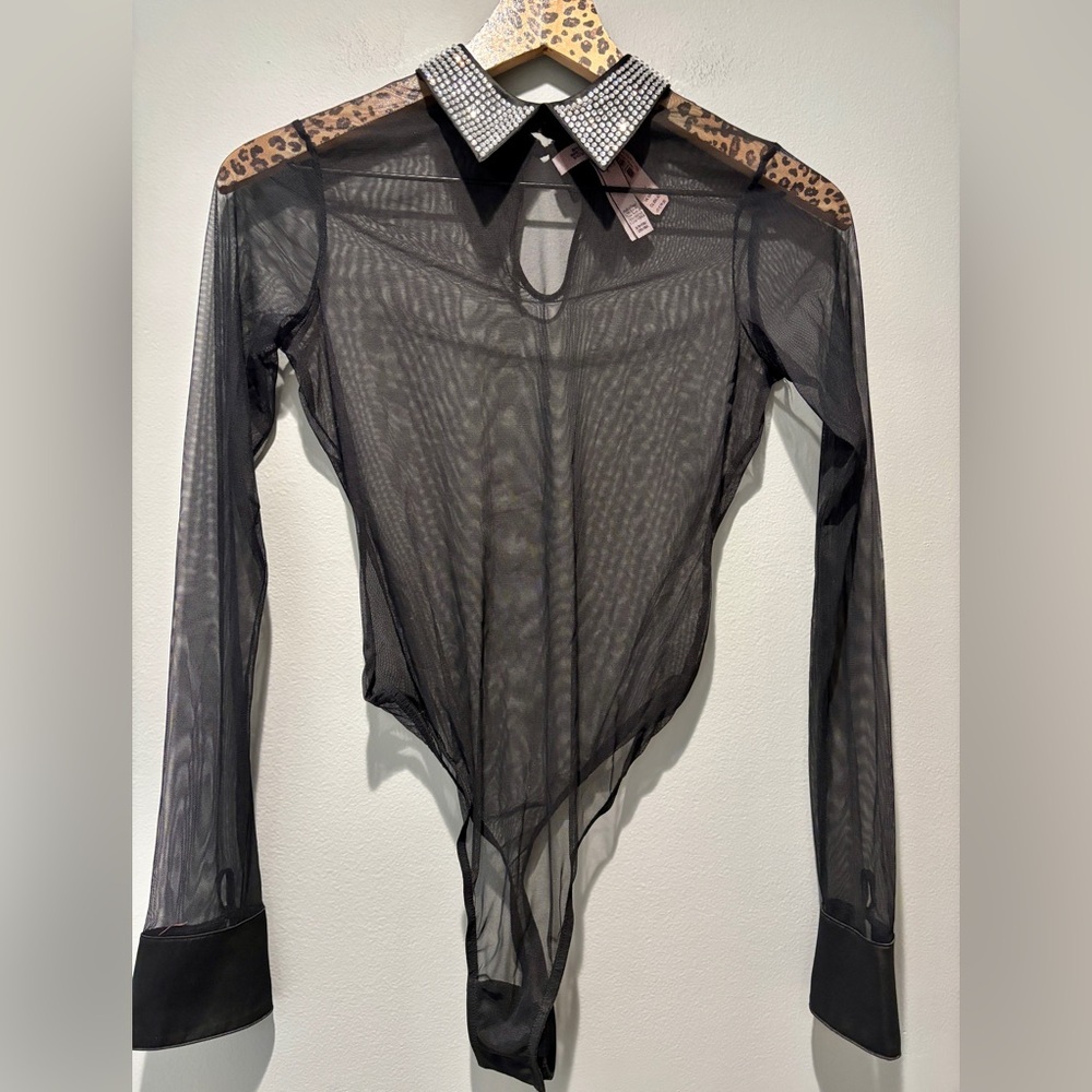 VICTORIA’S SECRET | Rhinestone Collar Sheer Black Thong Satin Cuff Bodysuit NWT